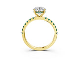 Yellow gold Round Cut Diamond Pave Band Solitaire Ring with Round with Green Sapphire side stone and Prong Setting_27