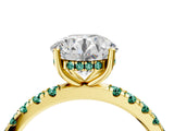 Yellow gold Round Cut Diamond Pave Band Solitaire Ring with Round with Green Sapphire side stone and Prong Setting_28