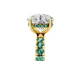 Yellow gold Round Cut Diamond Pave Band Solitaire Ring with Round with Green Sapphire side stone and Prong Setting_29