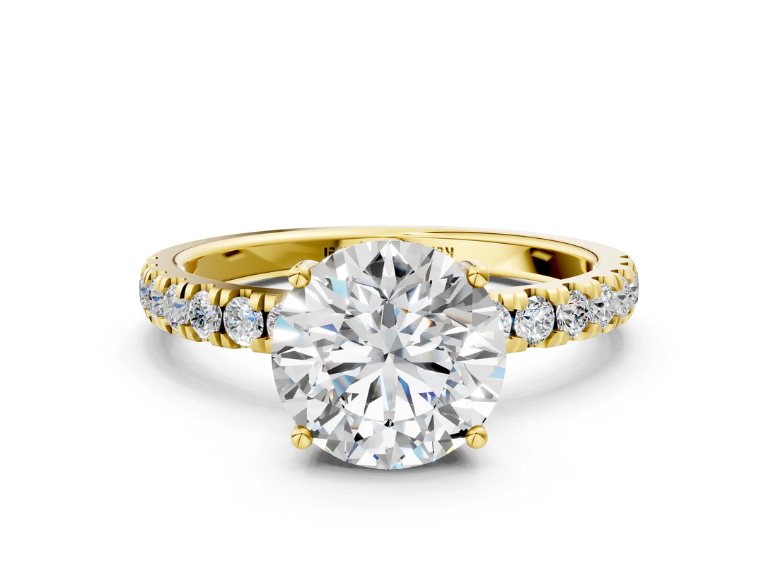 Yellow gold Round Cut Diamond Pave Band Solitaire Ring with Round with Moissanite side stone and Prong Setting_24