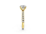 Yellow gold Round Cut Diamond Pave Band Solitaire Ring with Round with Moissanite side stone and Prong Setting_26