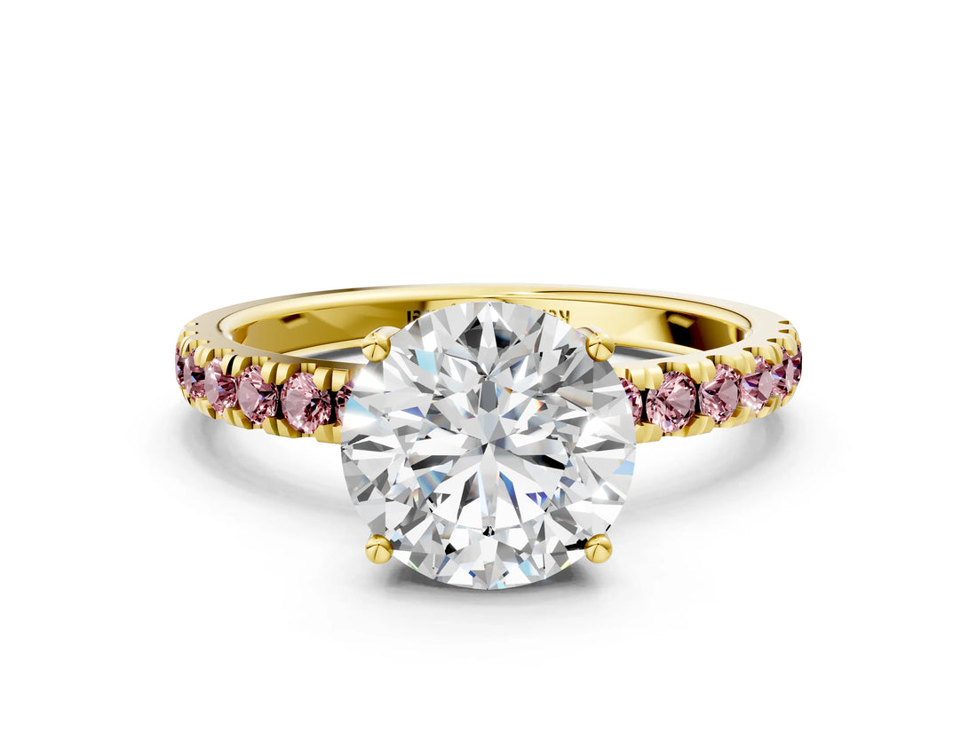 Yellow gold Round Cut Diamond Pave Band Solitaire Ring with Round with Morganite side stone and Prong Setting_12