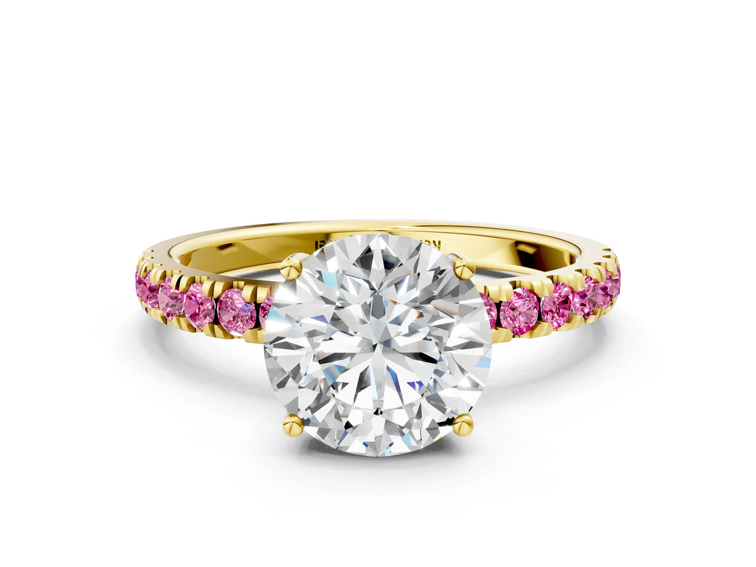 Yellow gold Round Cut Diamond Pave Band Solitaire Ring with Round with Pink Sapphire side stone and Prong Setting_24