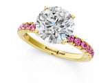 Yellow gold Round Cut Diamond Pave Band Solitaire Ring with Round with Pink Sapphire side stone and Prong Setting_25