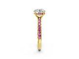 Yellow gold Round Cut Diamond Pave Band Solitaire Ring with Round with Pink Sapphire side stone and Prong Setting_26