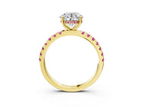 Yellow gold Round Cut Diamond Pave Band Solitaire Ring with Round with Pink Sapphire side stone and Prong Setting_27