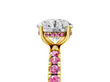 Yellow gold Round Cut Diamond Pave Band Solitaire Ring with Round with Pink Sapphire side stone and Prong Setting_29