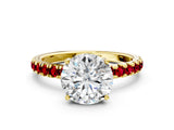 Yellow gold Round Cut Diamond Pave Band Solitaire Ring with Round with Ruby side stone and Prong Setting_12