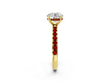 Yellow gold Round Cut Diamond Pave Band Solitaire Ring with Round with Ruby side stone and Prong Setting_14