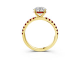 Yellow gold Round Cut Diamond Pave Band Solitaire Ring with Round with Ruby side stone and Prong Setting_15