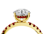 Yellow gold Round Cut Diamond Pave Band Solitaire Ring with Round with Ruby side stone and Prong Setting_16