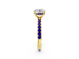 Yellow gold Round Cut Diamond Pave Band Solitaire Ring with Round with Tanzanite side stone and Prong Setting_2