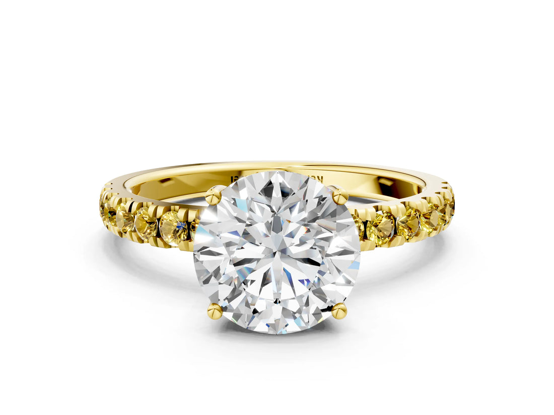 Yellow gold Round Cut Diamond Pave Band Solitaire Ring with Round with Yellow Sapphire side stone and Prong Setting_12