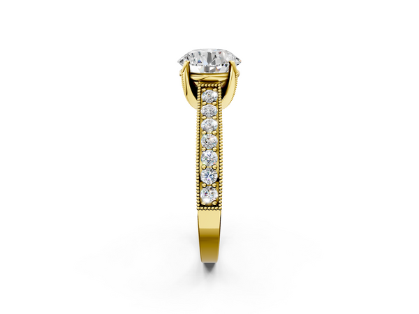 Yellow Gold Round Vintage Hidden Halo Engagement Ring Setting with Milgrain Triple Row Pave Band