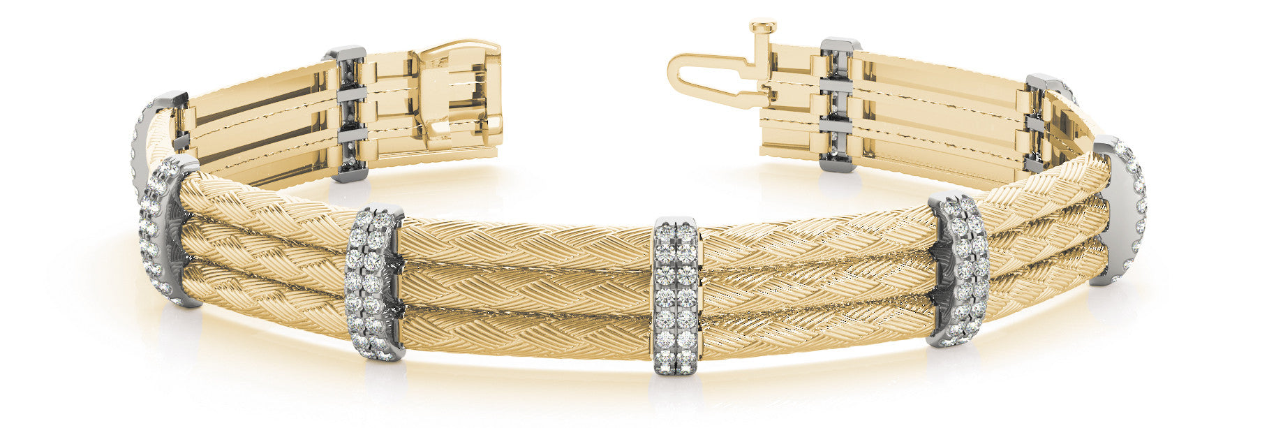 Yellow gold Round Cut Diamond Pave Cuff Bracelet with Braided Cable Band and Four-Prong Setting