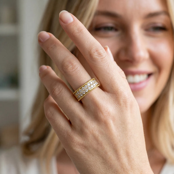 Yellow gold Round Cut Diamond Pave Eternity Band with Bead Prong Setting