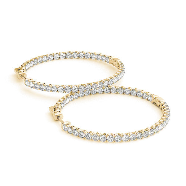 Yellow gold Round Cut Diamond Pave Hoop Earrings with Shared Prong Setting