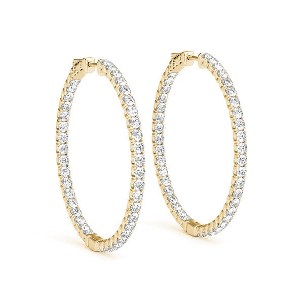 Yellow gold Round Cut Diamond Pave Hoop Earrings with Shared Prong Setting