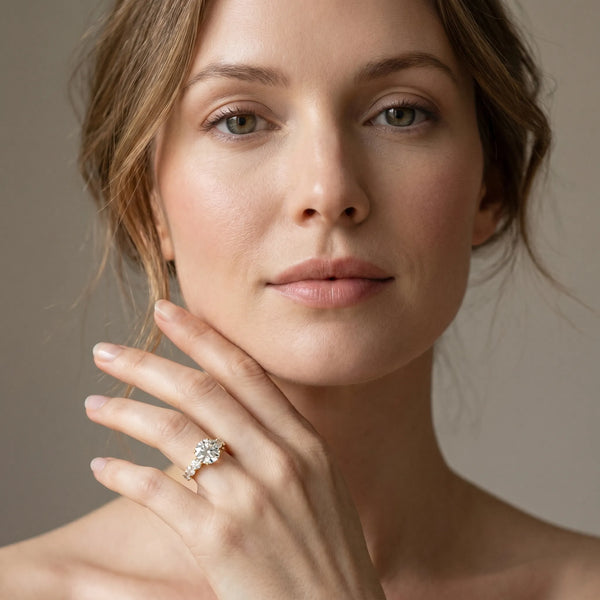 Yellow gold Round Cut Diamond Prong Setting with Side Stones on a Pave Band