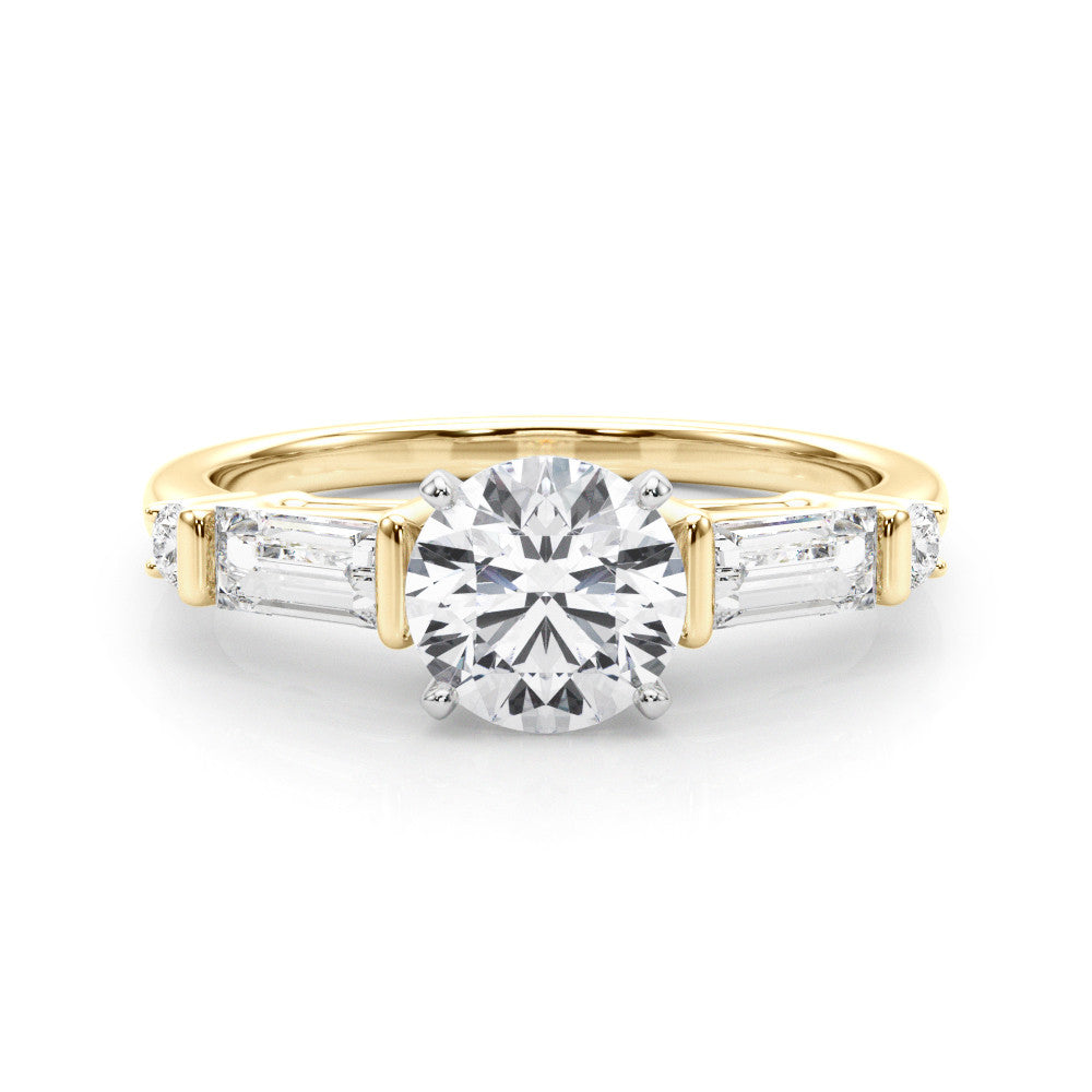 Yellow gold Round Cut Diamond Ring with Baguette Side Stones, Channel Set Band, and Four-Prong Setting 1