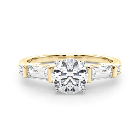 Yellow gold Round Cut Diamond Ring with Baguette Side Stones, Channel Set Band, and Four-Prong Setting 1