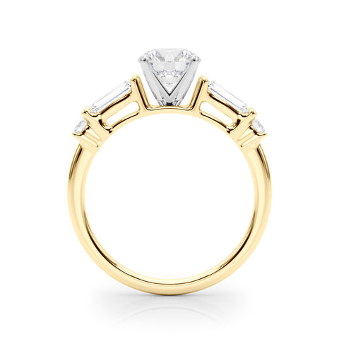 Yellow gold Round Cut Diamond Ring with Baguette Side Stones, Channel Set Band, and Four-Prong Setting 2