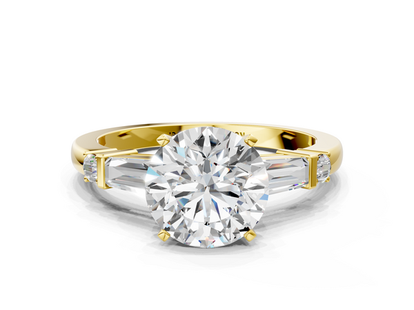 14K Yellow Gold 1.09 Carat D VVS2 Round Cut Diamond Ring with Baguette Side Stones, Channel Set Band, and Four-Prong Setting
