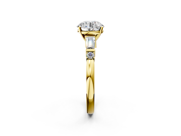 14K Yellow Gold 1.09 Carat D VVS2 Round Cut Diamond Ring with Baguette Side Stones, Channel Set Band, and Four-Prong Setting