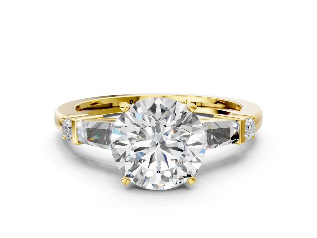 Yellow gold Round Cut Diamond Ring with Baguette Side Stones, Channel Set Band, and Four-Prong Setting_37
