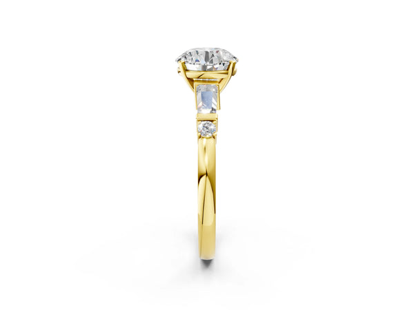 Yellow Gold Round Three Stone Engagement Ring Setting with Bar Set Tapered Baguettes