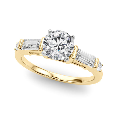 Yellow gold Round Cut Diamond Ring with Baguette Side Stones, Channel Set Band, and Four-Prong Setting