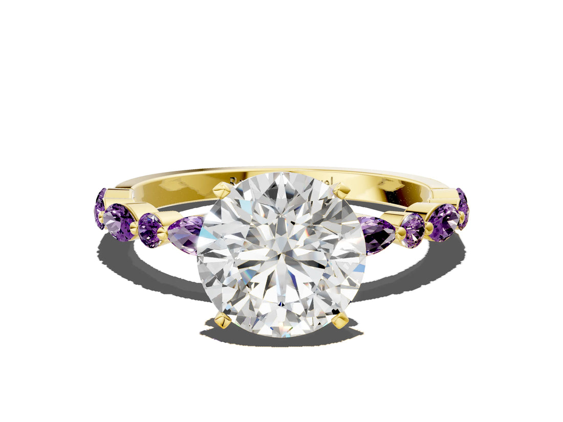 Yellow gold Round Cut Diamond Ring with Marquise and Round with Amethyst side stone Side Stones and Four-Prong Setting_48
