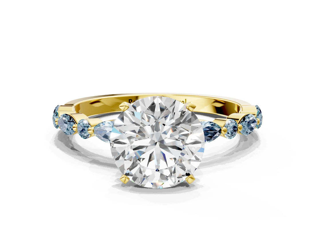 Yellow gold Round Cut Diamond Ring with Marquise and Round with Aquamarine side stone Side Stones and Four-Prong Setting_36
