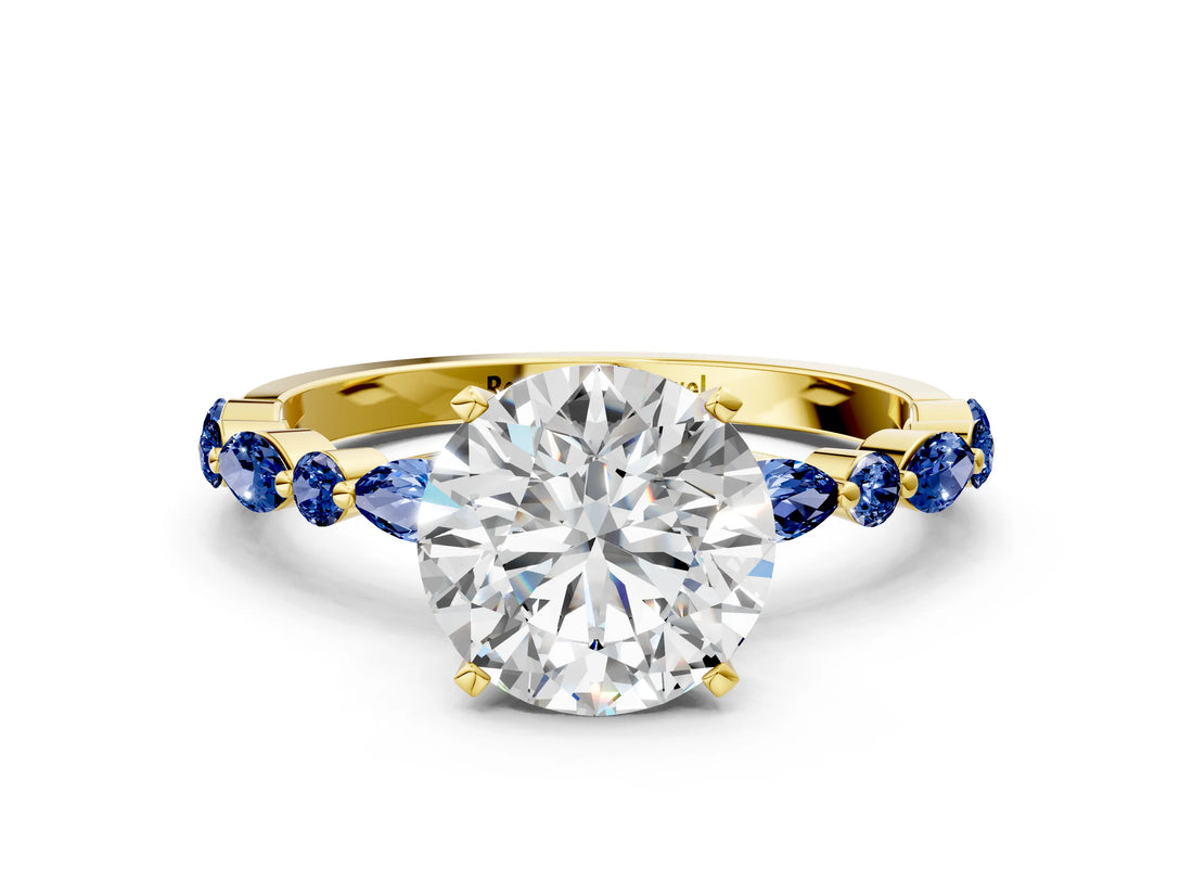 Yellow gold Round Cut Diamond Ring with Marquise and Round with Blue Sapphire side stone Side Stones and Four-Prong Setting_72