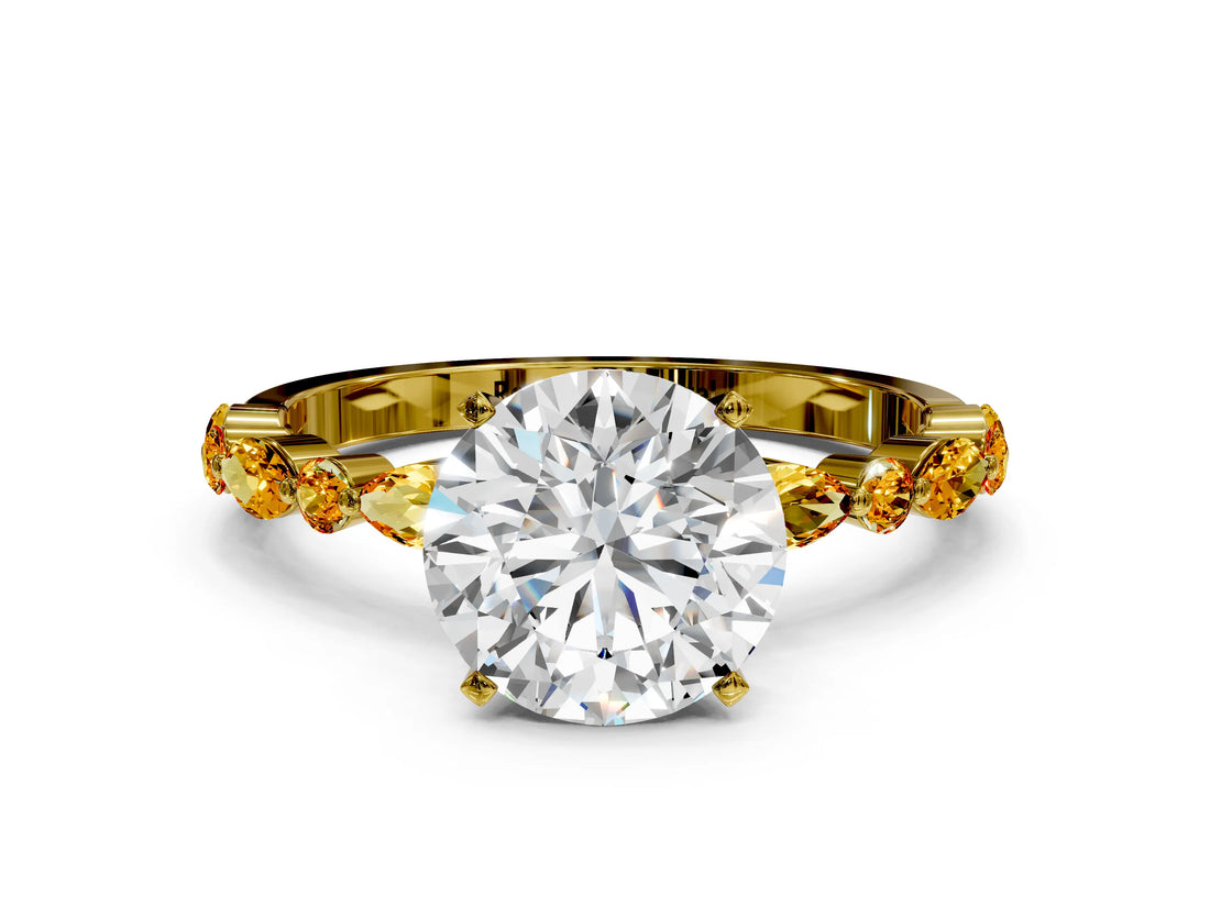 Yellow gold Round Cut Diamond Ring with Marquise and Round with Citrine side stone Side Stones and Four-Prong Setting_46