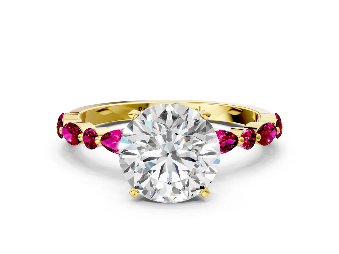 Yellow gold Round Cut Diamond Ring with Marquise and Round with Garnet side stone Side Stones and Four-Prong Setting_60