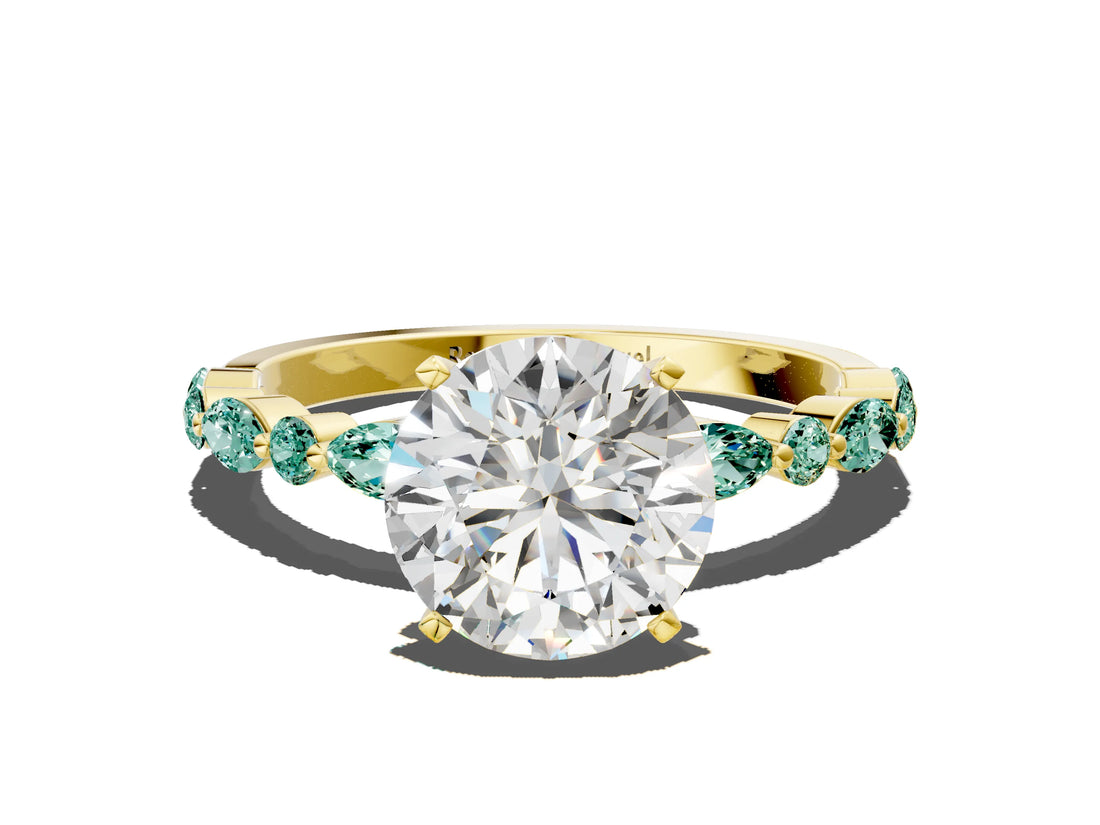 Yellow gold Round Cut Diamond Ring with Marquise and Round with Green Sapphire side stone Side Stones and Four-Prong Setting_30