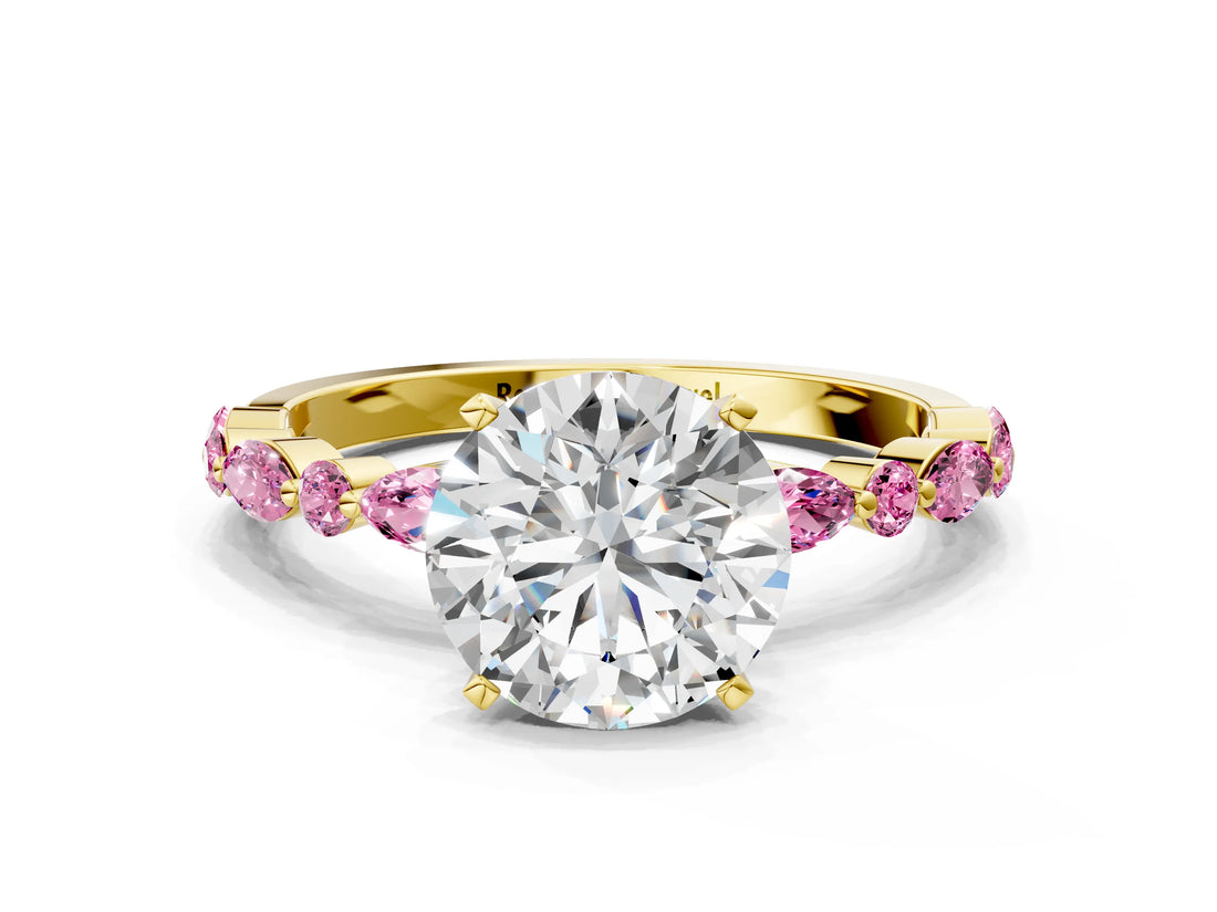 Yellow gold Round Cut Diamond Ring with Marquise and Round with Pink Sapphire side stone Side Stones and Four-Prong Setting_32