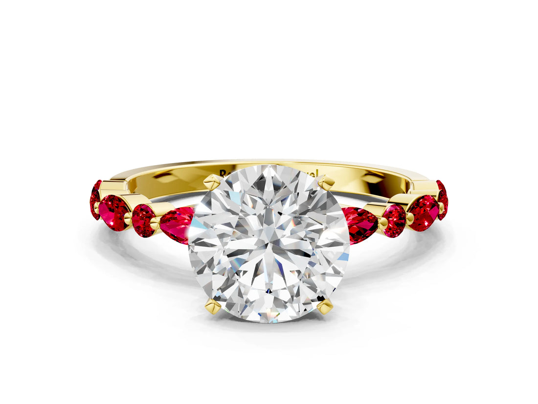 Yellow gold Round Cut Diamond Ring with Marquise and Round with Ruby side stone Side Stones and Four-Prong Setting_60