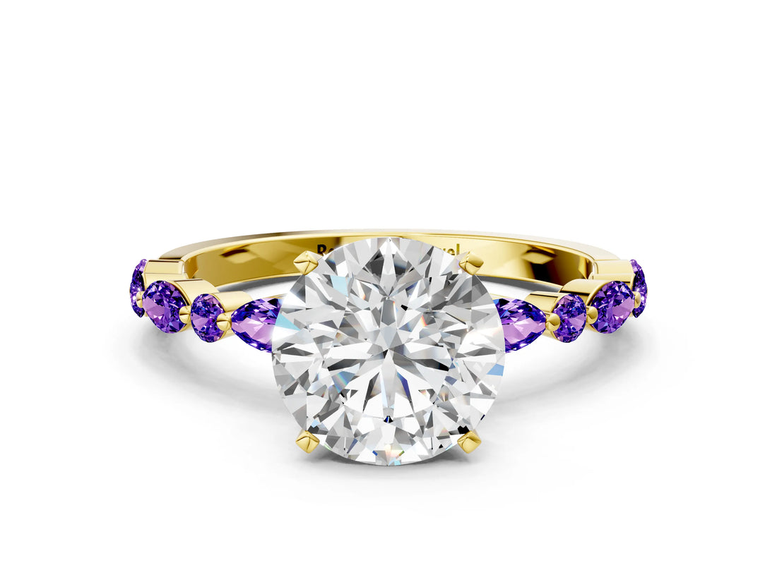 Yellow gold Round Cut Diamond Ring with Marquise and Round with Tanzanite side stone Side Stones and Four-Prong Setting_12
