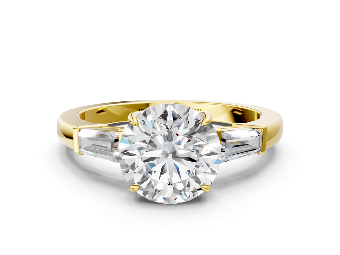 Yellow gold Round Cut Diamond Ring with Tapered Baguette Side Stones in Four-Prong Setting_15