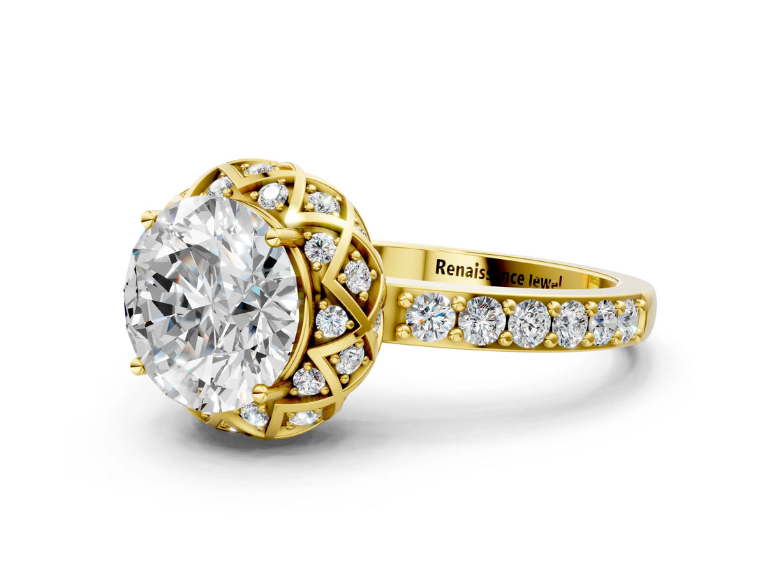 Yellow gold Round Cut Diamond Scalloped Halo Engagement Ring with Round Shared Prong Band_12