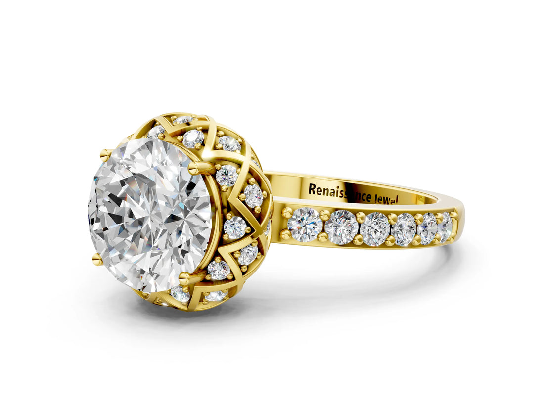 Yellow gold Round Cut Diamond Scalloped Halo Engagement Ring with Round Shared Prong Band_24