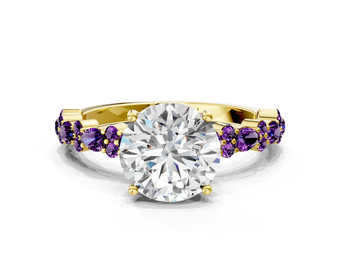 Yellow gold Round Cut Diamond Side Stone Solitaire Ring with Round with Amethyst side stone and Four-Prong Setting