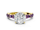 Yellow gold Round Cut Diamond Side Stone Solitaire Ring with Round with Amethyst side stone and Four-Prong Setting