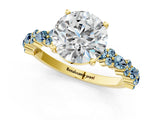 Yellow gold Round Cut Diamond Side Stone Solitaire Ring with Round with Aquamarine side stone and Four-Prong Setting_1