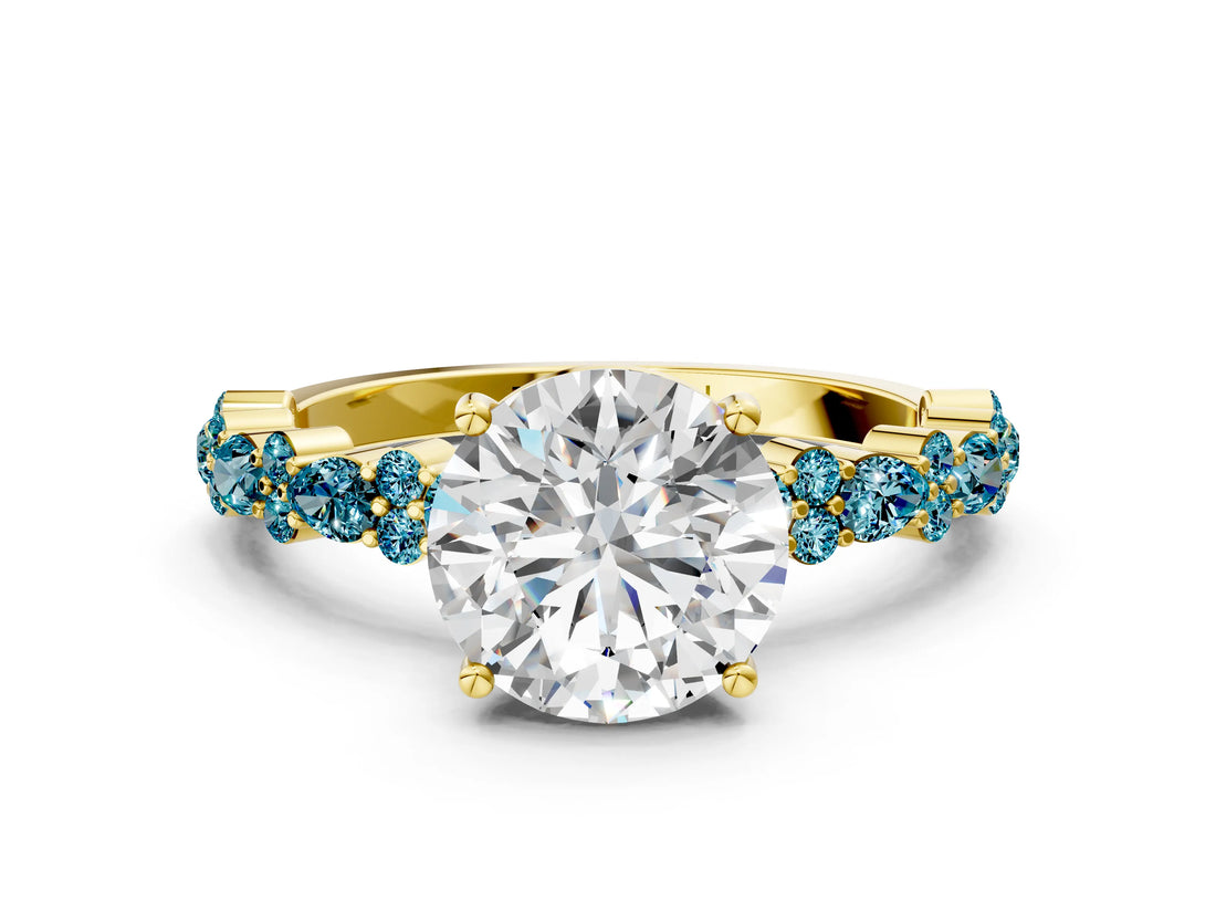 Yellow gold Round Cut Diamond Side Stone Solitaire Ring with Round with Blue Topaz side stone and Four-Prong Setting
