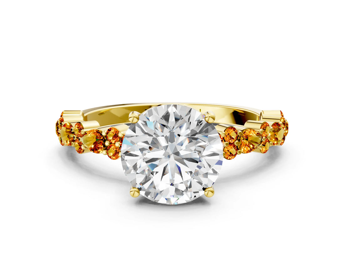 Yellow gold Round Cut Diamond Side Stone Solitaire Ring with Round with Citrine side stone and Four-Prong Setting