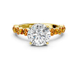 Yellow gold Round Cut Diamond Side Stone Solitaire Ring with Round with Citrine side stone and Four-Prong Setting