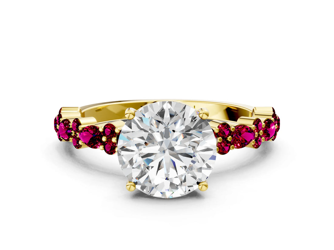 Yellow gold Round Cut Diamond Side Stone Solitaire Ring with Round with Garnet side stone and Four-Prong Setting
